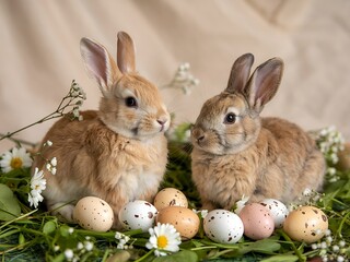 Obraz premium Adorable Easter rabbits with decorative eggs and flowers, Easter holiday photography, cute bunny animals in festive setting, easter celebration theme, professional high-quality holiday stock photo