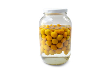 jar of preserved fruits, Umeshu, Japanese plum wine, in glass jar isolated on white background with clipping path. closed up.