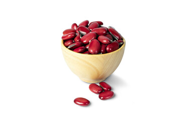 Red sword bean, Red Jack bean, Canavallia, in wooden bowl, isolated on white background, with clipping path close up
