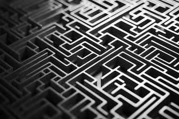 A detailed view showcases a complex arrangement of interconnected shapes and lines, creating an artistic pattern on a dark background. The monochrome highlights depth and intricacy.