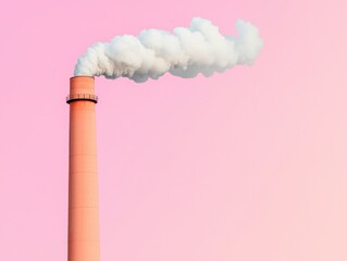 carbon emissions goals industrial smokestack concept. Industrial chimney emitting smoke against a pastel background.