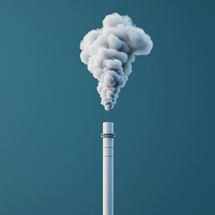 carbon emissions goals industrial smokestack concept. Smoke billowing from a factory chimney against a blue background.