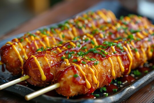 Korean corn dog coated in crispy batter, drizzled with mustard and ketchup, served