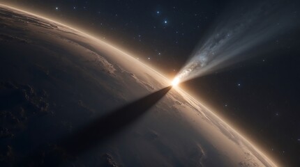 Obraz premium Comet approaches Earth with bright tail illuminating the dark sky at dusk