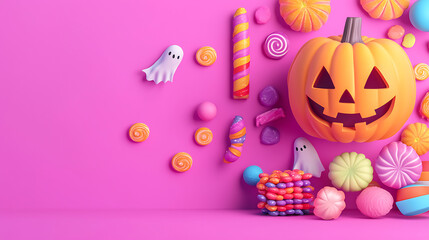 Fototapeta premium Halloween celebration decor festive pumpkin and candy vibrant pink background seasonal themes whimsical viewpoint
