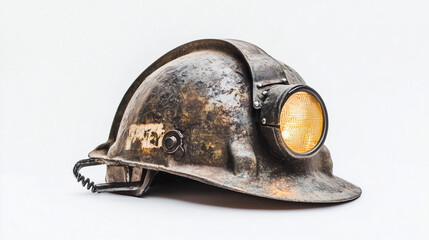 Fototapeta premium Against a crisp white backdrop, the old-world charm of the miner's helmet shines—its brass fittings and weathered patina whispering stories of dark, dangerous depths.