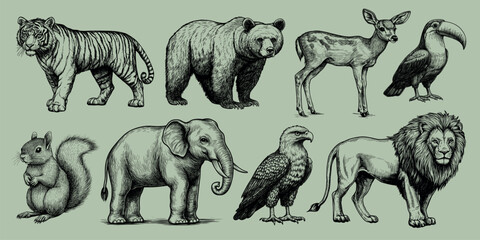 Vintage wildlife illustration collection, isolated vector set