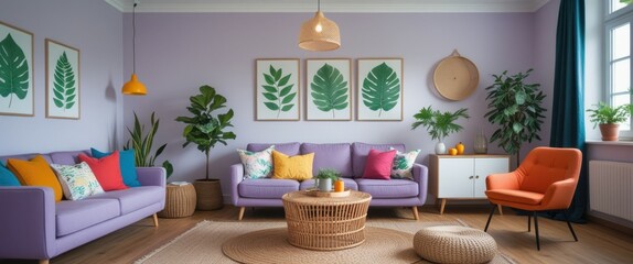 vibrant purple couch and colorful pillows in modern living room