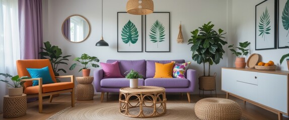 vibrant living room with colorful couch and chairs