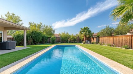 Obraz premium Luxury Backyard Oasis: Sparkling Pool and Lush Greenery