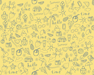 A hand-drawn summer pattern. Summer icons on a yellow background. Vector illustration