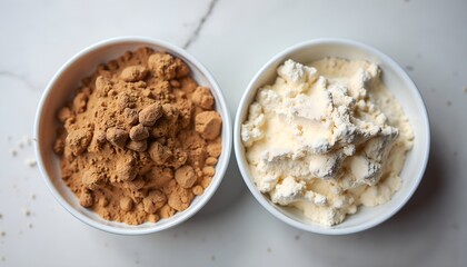 Light brown and yellow protein powders in small white bowls