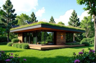 Obraz premium sustainable house with a living green roof covered in grass and flowers, solar panels