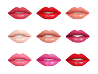 Various lip colors for makeup design and beauty trends on a transparent background, cut out