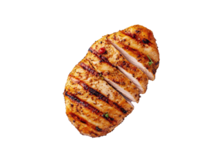 Grilled chicken breast slice with spices for healthy meal prep on a transparent background, cut out