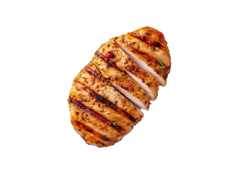 Grilled chicken breast slice with spices for healthy meal prep on a transparent background, cut out