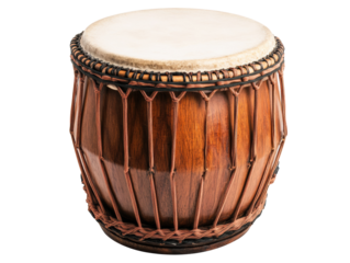 Traditional wooden drum for music performance and cultural celebration on a transparent background, cut out