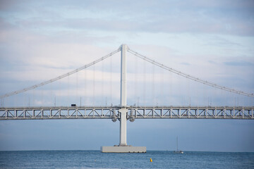 Gwangandaegyo suspension bridge or Diamond bridge and landscape sea ocean for korean people travelers travel visit at Gwangalli and Gwangan sand beach park at Suyeong gu city in Busan, South Korea