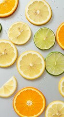 Fresh citrus slices with water drops on light gray surface