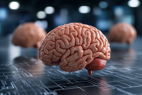 Neuroscience neural networks brain disorders research 3D brain model on a digital circuit background.