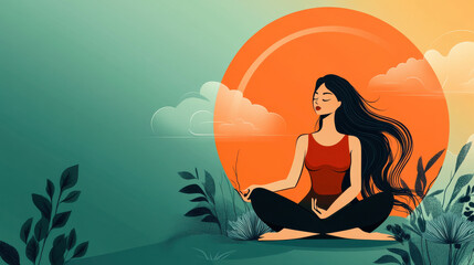 A digital art of a serene female figure sitting cross-legged, eyes closed, flowing dark hair
