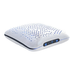 A white pillow with dark blue accents and small holes covering the top surface on a black background