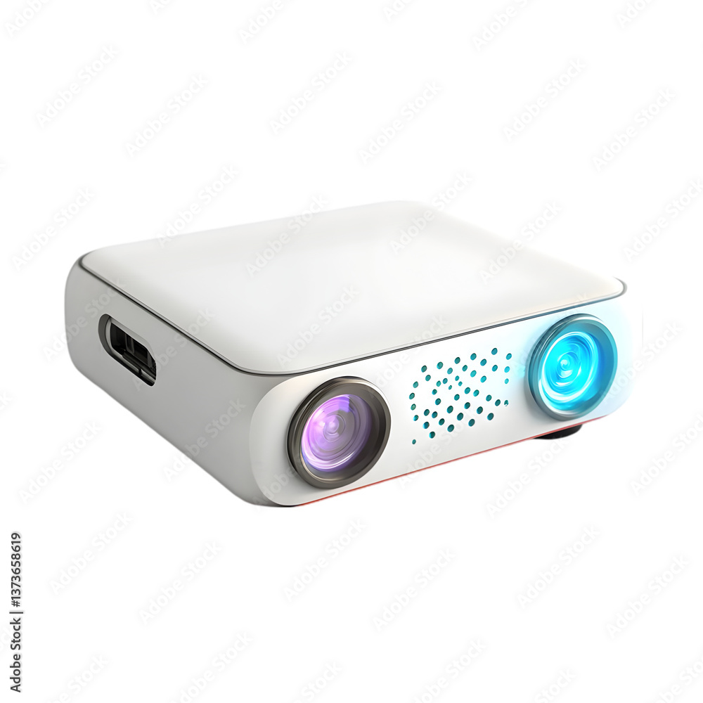 Poster a compact white projector with visible lenses and a sleek design on a black background isolated