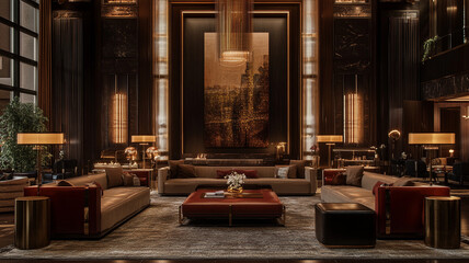 Luxurious living room with elegant decor and warm lighting