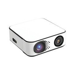 Fototapeta premium A close up shot of a small white projector with a lens and vents on a black background in studio