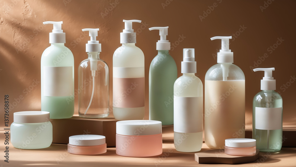 Poster array of skincare products arranged artistically on a neutral background showcasing various shapes a