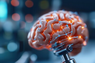 Neuroscience neural networks brain disorders research Futuristic brain model with glowing connections and lights.
