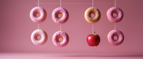 tempting display of colorful donuts hanging on a string