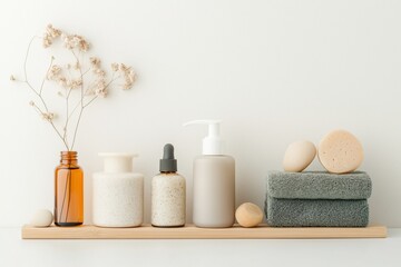 A minimalist bathroom shelf features a collection of skincare products in neutral containers, alongside soft towels and decorative stones, creating an inviting and serene environment