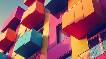 Fototapeta premium Colorful apartment facade with blocky balconies creates vibrant urban scene