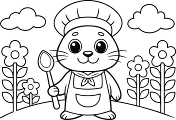 Cartoon Outlined Kitten Chef with Spoon, Flowers and Clouds on White Background