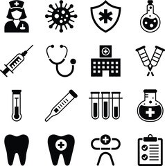 Simple Medical Icon Set for Health and Medicine | Minimalist Medical Icons Black & White Vector Healthcare Symbols
