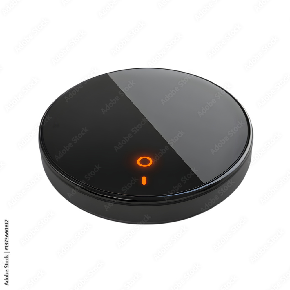 Poster a close up of a round black device with an orange light on a black background in a studio setting