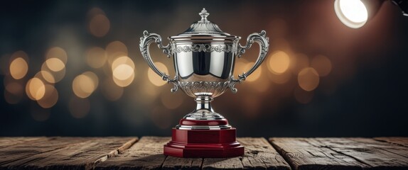 glowing silver trophy on elegant wooden table with soft background light