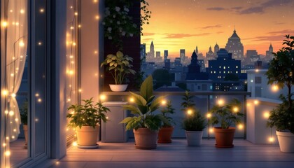 Cityscape Balcony Sunset with Plants and Lights