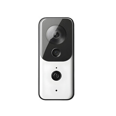 Fototapeta premium A close up of a white and black security camera with a power button on a black background isolated