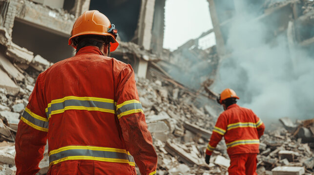 Rescue teams respond to earthquake disaster in emergency situations, navigating through rubble and smoke to save lives and restore hope