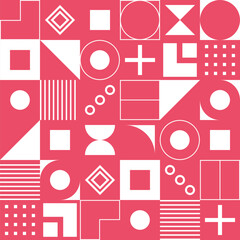 Abstract creative seamless pattern. Simple white geometric shapes isolated on red background. Different geometric forms. Flat style. Color vector seamless vector background.