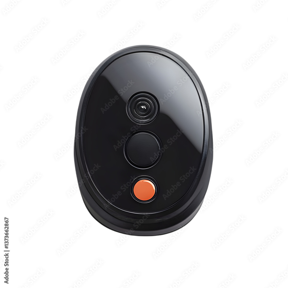 Poster close up shot of a small black electronic device with three buttons on a black background in studio
