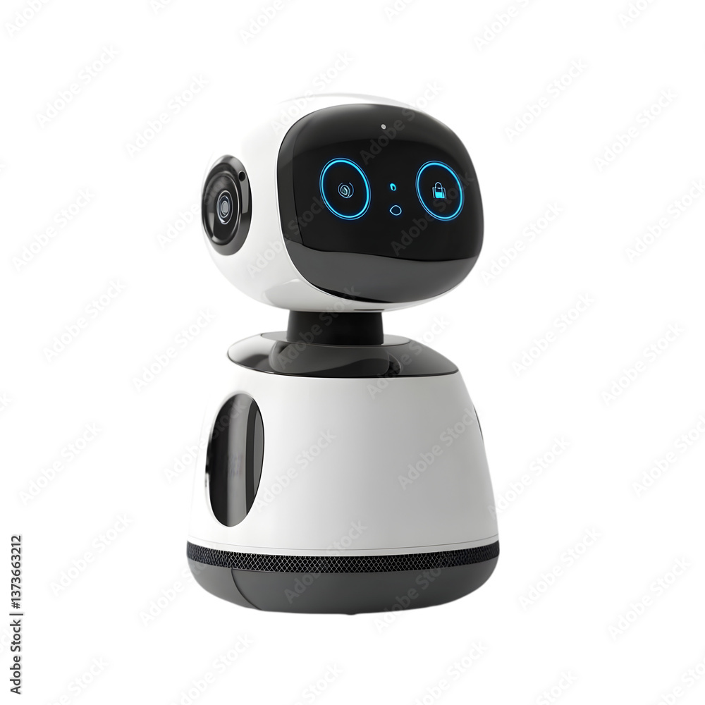 Poster close up of a white and black robot with a screen displaying icons on a black background