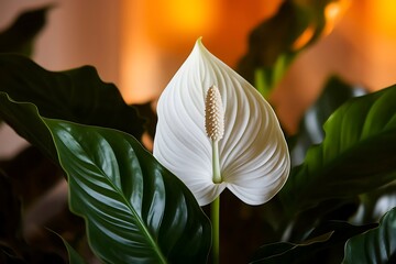 A beautiful peace lily flower showcasing its glossy white spathes and unique spadix, perfect for indoor decor and air purification.