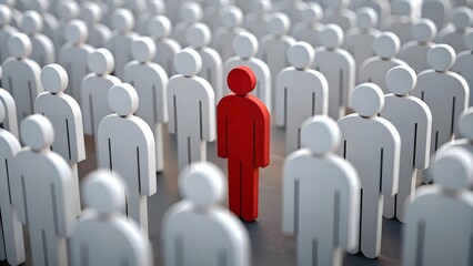 Obraz premium Conceptual image of a red figure standing out among a group of white icons, symbolizing leadership, uniqueness or individuality in society
