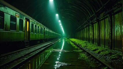Fototapeta premium An eerie urban exploration scene of a flooded subway tunnel, greenish water reflecting flashlight beams on the arched ceilings