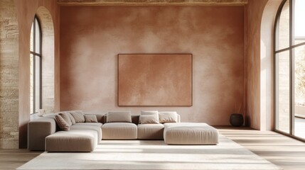 Cozy living room features neutral sectional and large arched windows