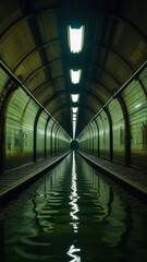 Fototapeta premium Abandoned Subway Flood. Urban Exploration of Waterlogged Metro Tunnels