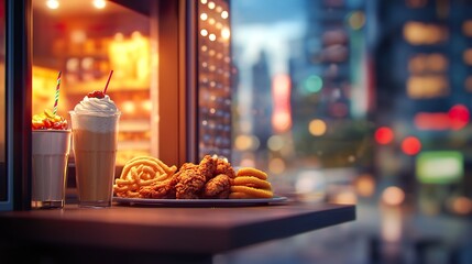 Fototapeta premium Indulgent Fast Food Feast: A Culinary Scene in the City's Vibrant Glow